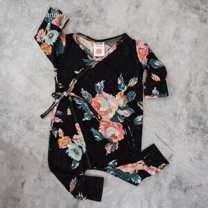 Peco Baby 3-6M Black Floral Kimono Long Sleeve Romper